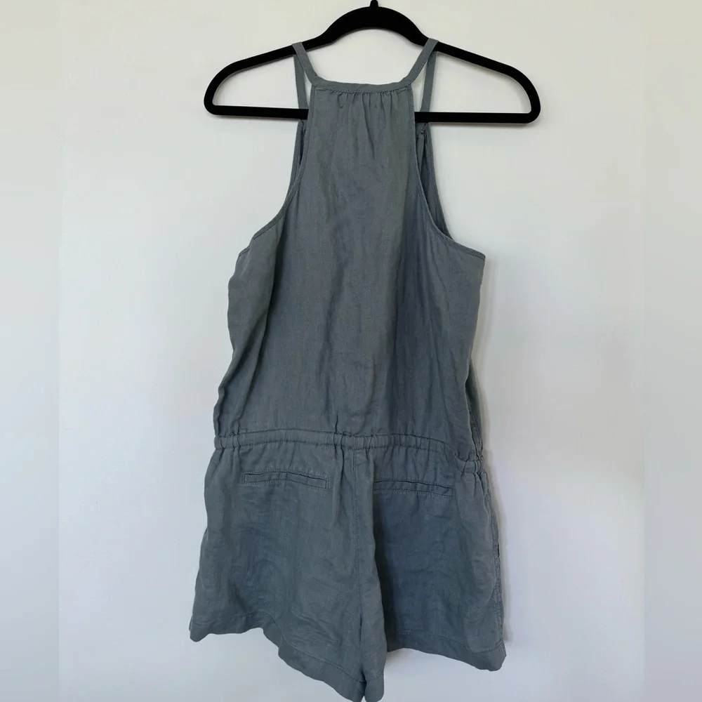 Lou & Grey Dusty Blue Gray Romper Tie Neck Button Up 100% linen Drawstring Sz S